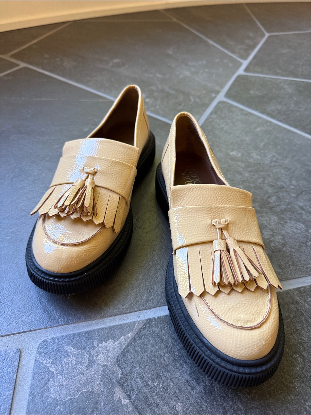 Franco Sarto, Cream Patent Tassel Kiltie Loafers with Black Platform